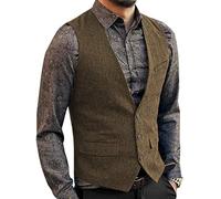 Zeattall Men's Herringbone Tweed Wool Suit Vest Single Breasted Slim Fit Waistcoat Vest, Brown, S