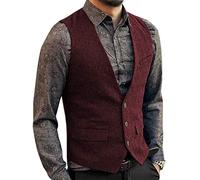 Zeattall Men's Herringbone Tweed Wool Suit Vest Single Breasted Slim Fit Waistcoat Vest, Burgundy, X - S