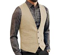 Zeattall Men's Herringbone Tweed Wool Suit Vest Single Breasted Slim Fit Waistcoat Vest, Champagne, Medium