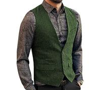 Zeattall Men's Herringbone Tweed Wool Suit Vest Single Breasted Slim Fit Waistcoat Vest, Green, Large