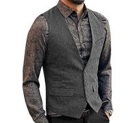 Zeattall Men's Herringbone Tweed Wool Suit Vest Single Breasted Slim Fit Waistcoat Vest, Grey, XXL