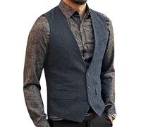 Zeattall Men's Herringbone Tweed Wool Suit Vest Single Breasted Slim Fit Waistcoat Vest, Light Navy, XL