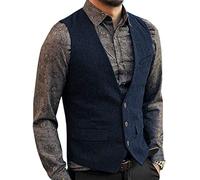 Zeattall Men's Herringbone Tweed Wool Suit Vest Single Breasted Slim Fit Waistcoat Vest, Navy, XXL