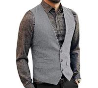 Zeattall Men's Herringbone Tweed Wool Suit Vest Single Breasted Slim Fit Waistcoat Vest, Silver, S