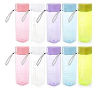 ZEAYEA 10 Pcs Water Bottles Bulk, 15 oz Portable Sports Water Bottle with Lanyard, Leak Proof Reusable Square Plastic Drinking Bottles for Outdoor, Gym, Camping, Fitness, Travel, Office