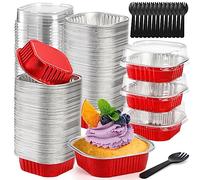 ZEAYEA 100 Pack Aluminum Foil Baking Cups with Lids and Spoons, 125 ml/4.4 oz Disposable Ramekins Cupcake Containers, Mini Cake Muffin Liner Cups for Party Wedding Birthday Christmas Mother's Day