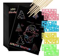 ZEAYEA 200 Pcs Scratch Paper Art Set for Kid, Rainbow Scratch Off Magic Paper with 10 Stylus and 8 Stencils, Black Scratch Notes DIY Crafts Toy, Christmas Birthday Gift Cards Party Favour for Girl Boy