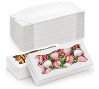 ZEAYEA 50 Pcs Chocolate Strawberry Boxes, 12.5" x 5.5" x 2.5" Cookie Box with Window, White Bakery Boxes, Treat Box for Muffins, Donuts, Biscuits, Cupcake, Pies, Easy to Assemble