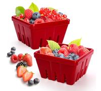 ZEAYEA Set of 2 Berry Basket, Melamine Berry Bowl With Holes for Fridge, Red Square Kitchen Fruit Basket for Christmas, Cute 5" Colander for Strawberry, Grape, Cherry, Berries, Veggies