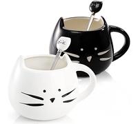 ZEAYEA Set of 2 Cat Coffee Mug, 12 oz Ceramic Cute Tea Milk Cup with Spoon for Women Girls Cat Lovers, Couple Coffee Mugs Best Gift for Christmas, Birthday, Anniversary, White and Black