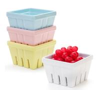 ZEAYEA Set of 4 Berry Basket, Melamine Berry Bowl With Holes, Square Kitchen Fruit Basket, 4" Colander Cute Small Container for Strawberry, Grape, Cherry, Berries