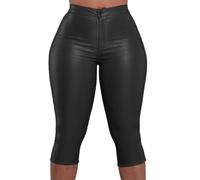 Zebaexf Leather Capri Pants for Women Casual Stretch Black High Waisted Crop Leggings with Pockets Faux PU Leather Pants, Black, XL