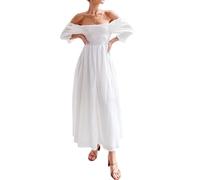 Zebaexf Women Summer Half Sleeve Backless Long White Dresses A Line Flowy Ruffled Vintage Elegant Maternity Dress, White, S