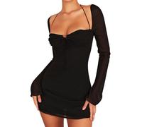Zebaexf Women's Mesh Dress Long Puff Sleeve Mini Bodycon Sweet Neck Party Mini Dresses for Women, Black, Large