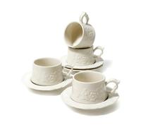 ZEBERBO Ceramic Espresso Cups and Saucers Set of 4, Floral Petal Design Cappuccino Cups with Handles, Vintage Style Porcelain Coffee Cup Set, Microwave & Dishwasher Safe(Cream-Flower)