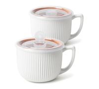 ZEBERBO Set of 2 Large Ceramic Soup Bowls with Handle & Matching Lid, 900ml Jumbo Soup Cups Microwave Safe for Ramen Oatmeal Pasta Salad Cereal Storage (White)