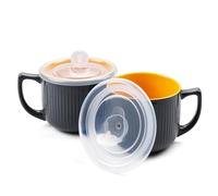 ZEBERBO Set of 2 Large Ceramic Soup Bowls with Handle & Matching Lid, 900ml Jumbo Soup Cups Microwave Safe for Ramen Oatmeal Pasta Salad Cereal Storage (Grey)