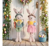 ZEBNYYA 2PCS Standing Easter Bunny Gnome Plush Decoration - 20.8’’-25.9’’Rabbit Gnome Stuffed w/Retractable Spring Leg Handmade Hold Egg & Carrot Doll for Easter Day Home Ornament Farmhouse Decor