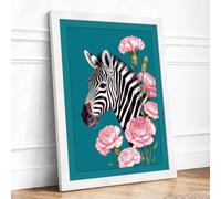 Zebra Among Carnations Framed Wall Art Print A2 White