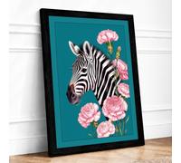 Zebra Among Carnations Framed Wall Art Print A3 Black