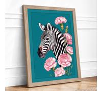 Zebra Among Carnations Modern Framed Wall Art Print A4 (29.7×21cm) Oak,