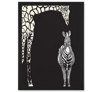 Zebra And Giraffe B&W Zoo A4 Artwork Framed Wall Art Print Artery8 Black One Size