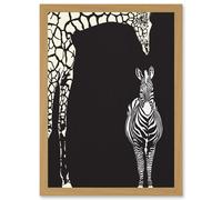 Zebra And Giraffe B&W Zoo A4 Artwork Framed Wall Art Print Artery8 Light Oak One Size