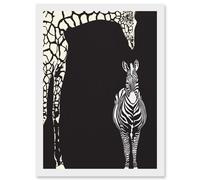 Zebra And Giraffe B&W Zoo A4 Artwork Framed Wall Art Print Artery8 White One Size