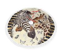 Zebra and Giraffe Print Christmas Tree Skirt 48 inch, Xmas Tree Skirts Mat with Fringe Border for Christmas Holiday Party Decorations