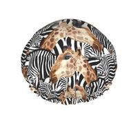 Zebra And Giraffe Women Luxury Shower Cap, Double Protection Layers Elastic, Reusable Adjustable Shower Bonnet