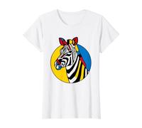 Zebra Animal, Abstract, Yellow, Blue, red, Round Background Value Graphic T-Shirt, Women, White, S