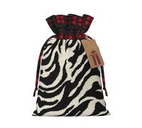 Zebra Animal Christmas Drawstring Linen Gift Bag Paired With Scottish Plaid Fabric, With A Delicate And Simple Texture