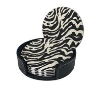 Zebra Animal Print Chic Round Leather Coasters â€“ Set Of 6 Full-Print Coasters In A Premium Pu Leather Storage Box