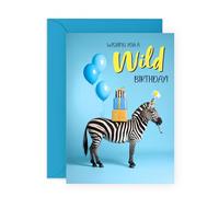 Zebra Birthday Card - Wild Party Card for Him or Her - Cheeky Greetings with Balloons & Presents for Kids, Siblings, Boys, Girls, Friends, Bestie, BFF - Enjoy Having Fun - Comes with Stickers