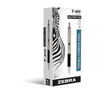 Zebra F-402 Ballpoint Stainless Steel Retractable Pen, Fine Point, 0.7mm, Black Ink, 12-Count