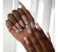 Zebra French Press On Nails Square False Nails with Floral Butterfly Design - Glossy Acrylic Tips Gel Stick Kit Women 24pcs 3D Art Coffin Print Wraps Cute Pack Set Bows Elegant