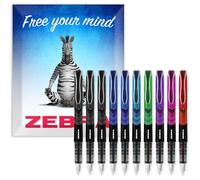 Zebra Fuente - Disposable Fountain Pen - Black, Blue, Red, Green, Violet, Light Blue & Pink Coloured Ink - In Envelope Gift Packaging - Pack of 10