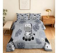 Zebra Leaves Queen Duvet 10.5 Tog, Gray Microfiber Bedding Set, 1 Quilt 220x220cm and 2 Pillowcases 50x75cm, All Year Round Comforter for Cozy Nights X142