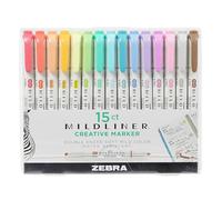 Zebra Pen Mildliner Dual Tip Highlighter Pens, Pastel Highlighters Pens For Adults, Broad & Fine Tip Markers & Highlighters For Convenience, Double Ended Highlighters, 15 Pk - Assorted Colours, 78115