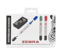 Zebra Pen Dual Tip Whiteboard Pens & Magnetic Eraser Set 3pk - 3mm White board Markers with Eraser - Assorted Double Sided Dry Erase Marker Colours (Black/Blue, Black/Green, Black/Red)