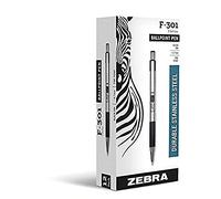 ZEBRA Pen F-301 Black Ballpoint Pens, Ultra Stylish Stainless Steel Black Biro Pens, Retractable Ballpoint Pens, Black Ink, Premium Zebra Pens Multipack for Everyday Use - Medium Point, 12pk