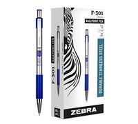Zebra Pen F-301 Retractable Ballpoint Pen, Stainless Steel Barrel, Fine Point, 0.7mm, Blue Ink, 12-Pack