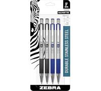 Zebra Pen F 301 Combo Pack of 4 Ballpoint Pens, Fine Point 0.7mm, Black & Blue Ink, Stainless Steel, Retractable