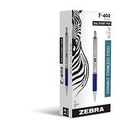 Zebra Pen F-402 Retractable Ballpoint Pen, Stainless Steel Barrel, Fine Point, 0.7mm, Blue Ink, 12-Pack