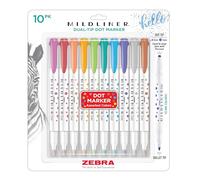 Zebra Pen Mildliner 73310 Twin Tip Markers, Water Based Pigment Ink, Extra Fine Round and Dot Stamp Tips, Assorted Colours, Pack of 10
