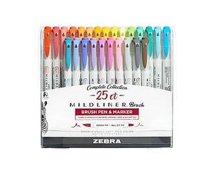 Zebra Pen Mildliner Double Ended Brush Pen, Brush and Point Tips, Assorted Ink Colors, 25-Pack, Multicolor (79125)