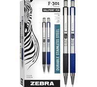 Zebra Pens Fine Point F 301, Bulk Combo Pack of 6 BLACK INK & 6 BLUE INK metal pens (Total of 12 Pens), Ballpoint Stainless Steel Retractable 0.7mm fine point ink pens