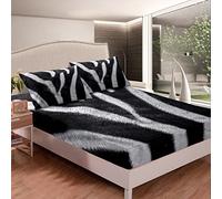 Zebra Print Fitted Sheet,Double Size Black and White Collections Farmhouse Theme,Soft Decorative Fabric Bedding Deep Pocket for Children Teens Young Boys Girls,with 2 Pillowcases