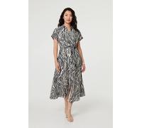 Zebra Print Tie Waist Midi Shirt Dress Izabel London Black 14