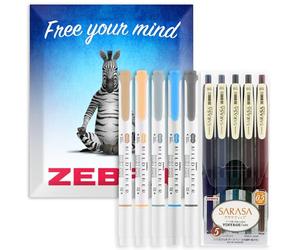 Zebra Sarasa Clip 05 + Mildliner Double Ended Highlighter Pen | Vintage Set 1 Retractable Gel Ink Pens | Chisel & Bullet Tip Marker | In Envelope Gift Packaging | Pack of 10